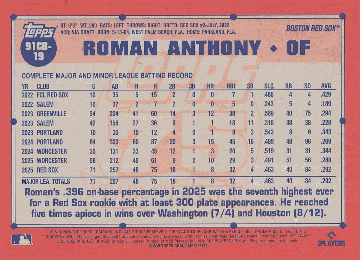 2026 Topps Chrome #91CB-19 Roman Anthony 1991 Topps Baseball 35th Anniversary