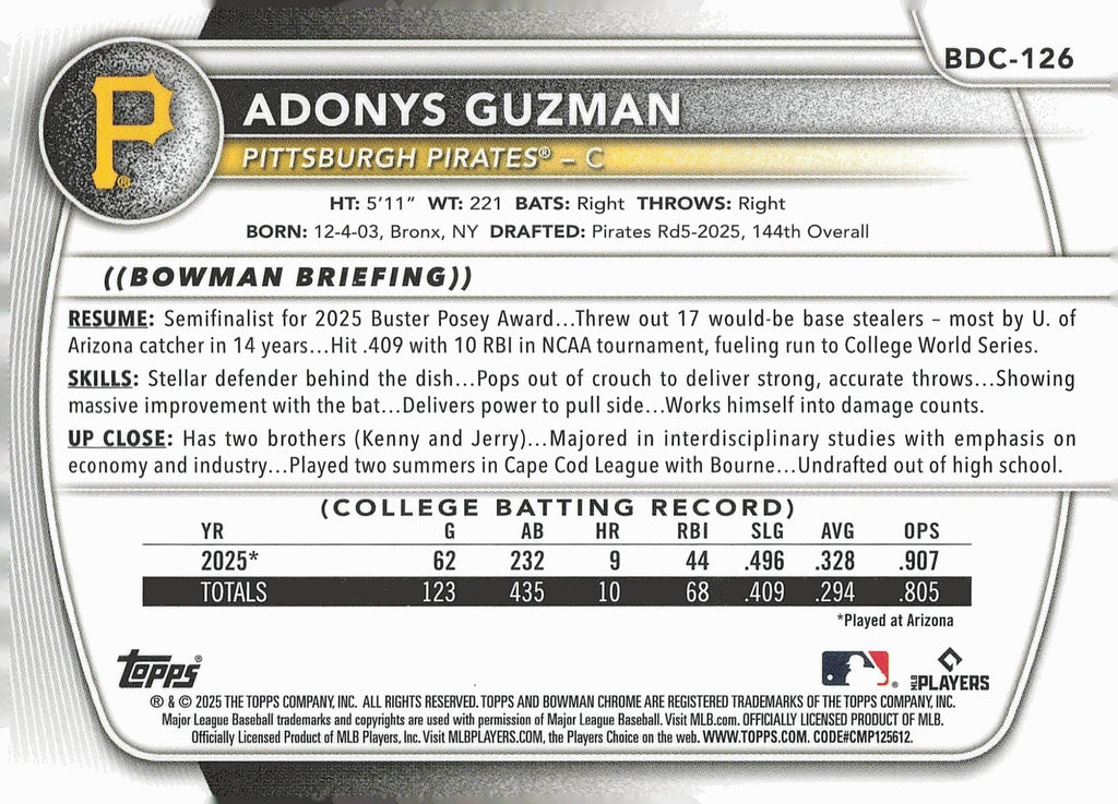 2025 Bowman Draft Sapphire Edition #BDC-126 Adonys Guzman
