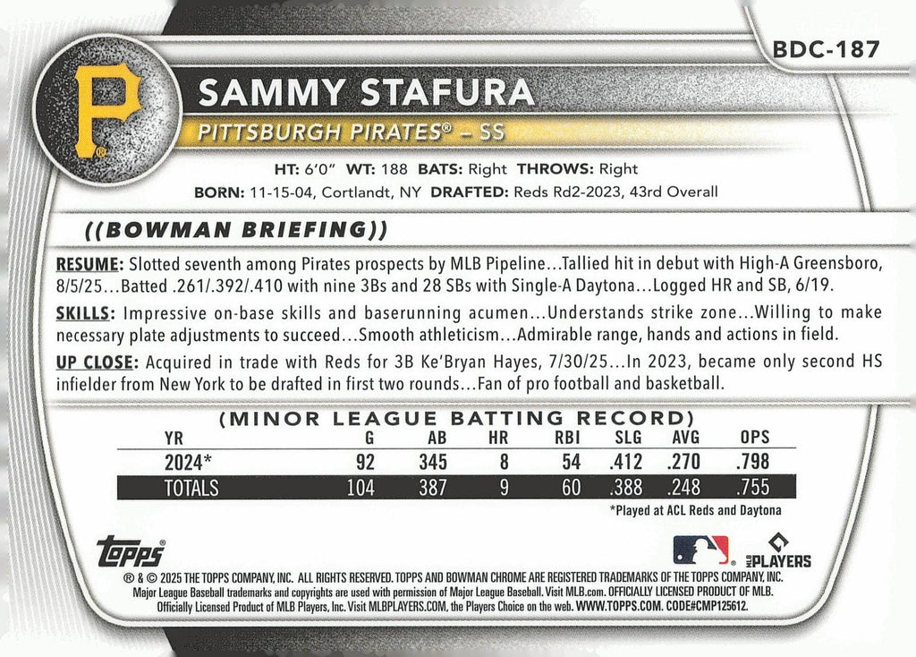 2025 Bowman Draft Sapphire Edition #BDC-187 Sammy Stafura