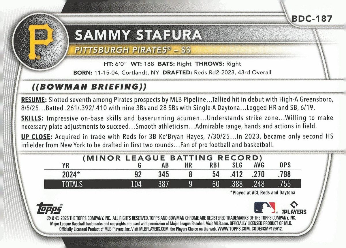 2025 Bowman Draft Sapphire Edition #BDC-187 Sammy Stafura