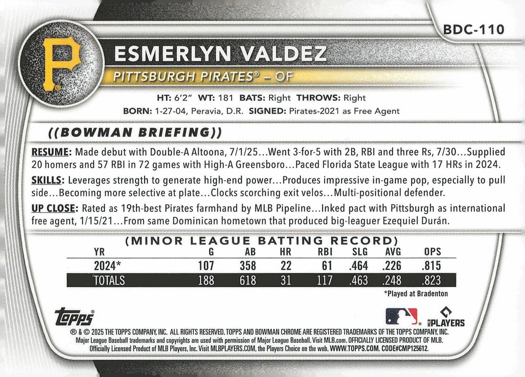2025 Bowman Draft Sapphire Edition #BDC-110 Esmerlyn Valdez