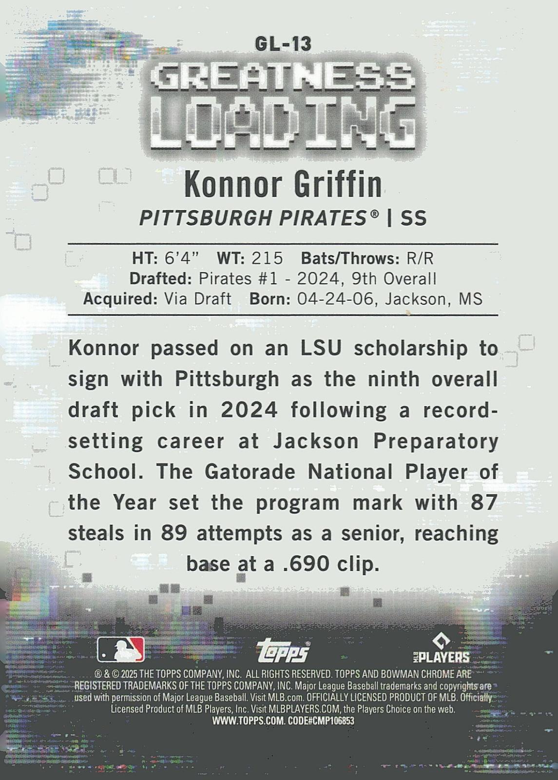 2025 Bowman #GL-13 Konnor Griffin Greatness Loading