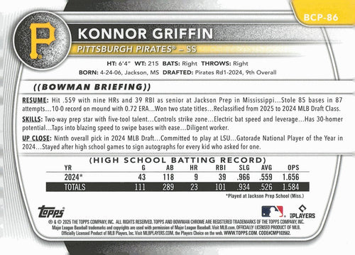 2025 Bowman #BCP-86 Konnor Griffin Chrome Prospects Mojo Refractor