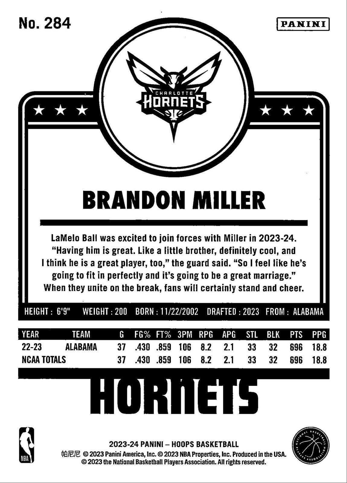 2023-24 Hoops Winter #284 Brandon Miller