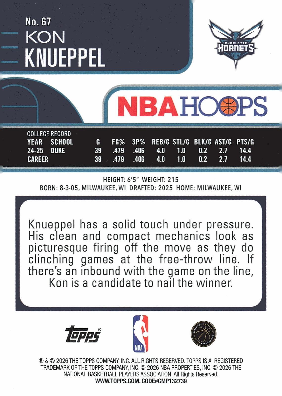 2025-26 Hoops #67 Kon Knueppel