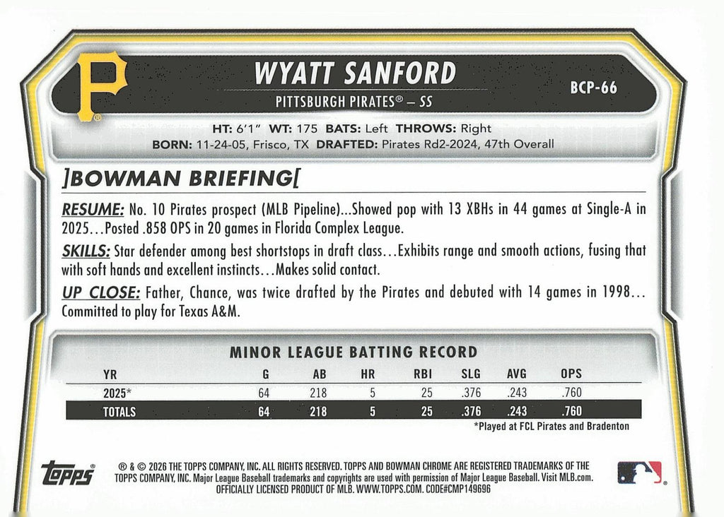 2026 Bowman #BCP-66 Wyatt Sanford Chrome Prospects Mojo Refractor