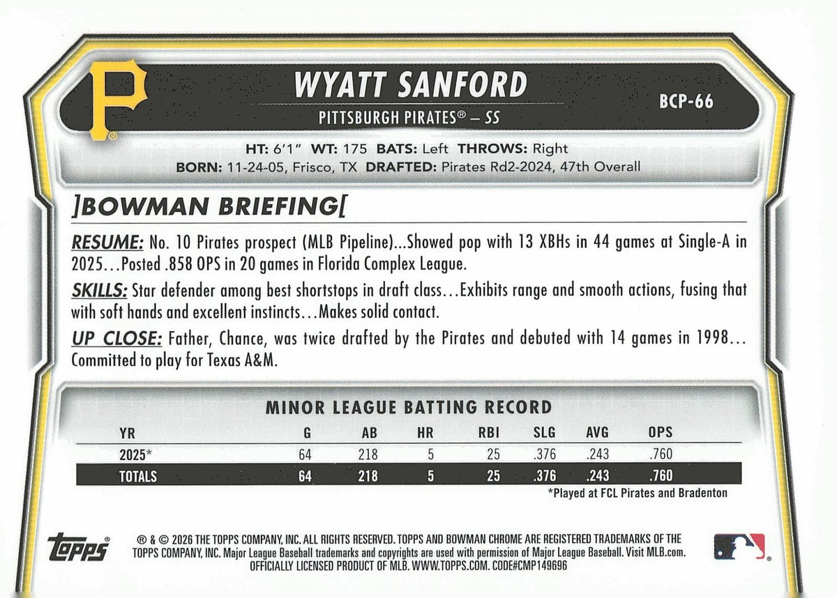 2026 Bowman #BCP-66 Wyatt Sanford Chrome Prospects Mojo Refractor