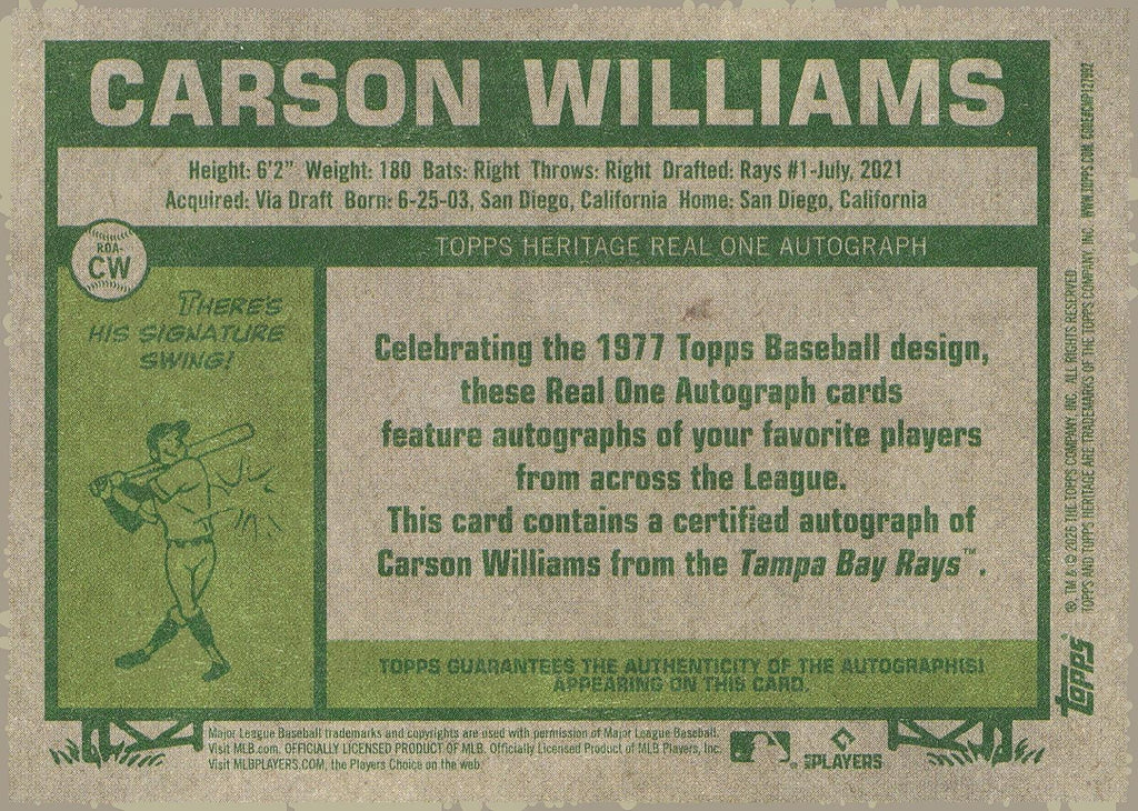 2026 Topps Heritage #ROA-CW Carson Williams Real One Autographs