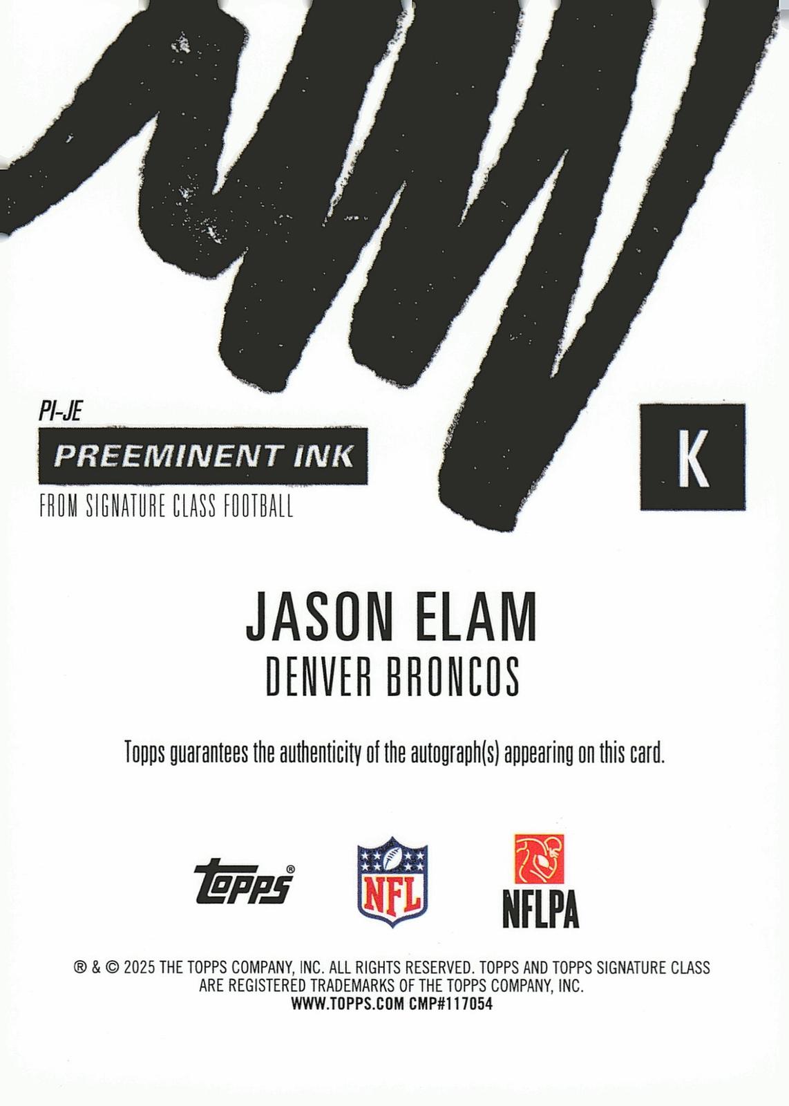 2025 Topps S.C.  #PI-JE Jason Elam Preeminent Ink Purple Refractor #/100