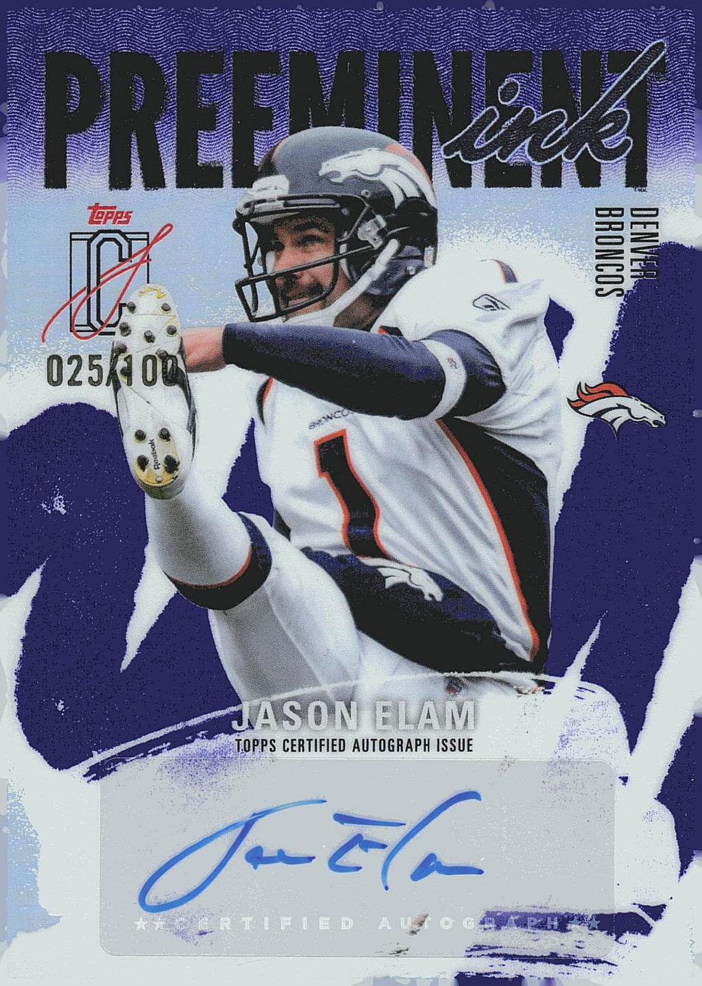 2025 Topps S.C.  #PI-JE Jason Elam Preeminent Ink Purple Refractor #/100